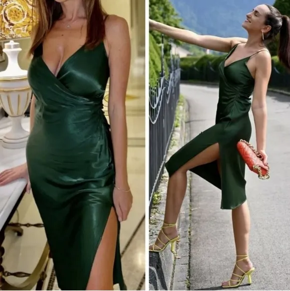 Zara * Satin Effect Slip Green Draped lingerie style dress
