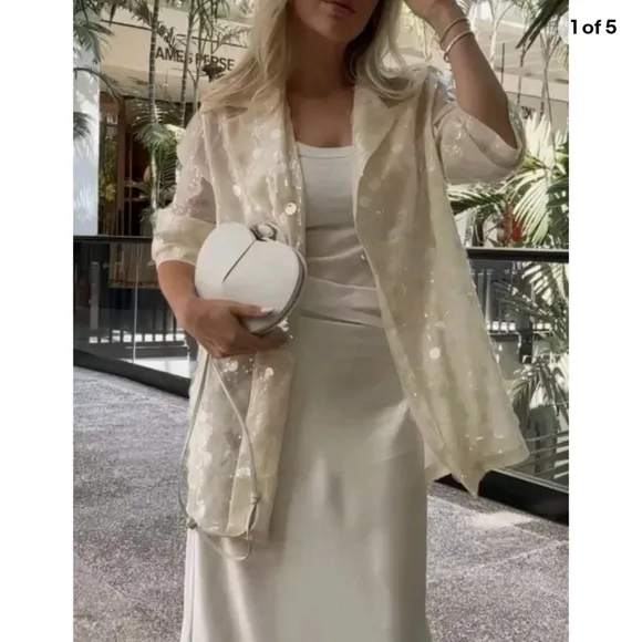 ZARA SEQUIN OPEN FRONT BLAZER Size S Cream