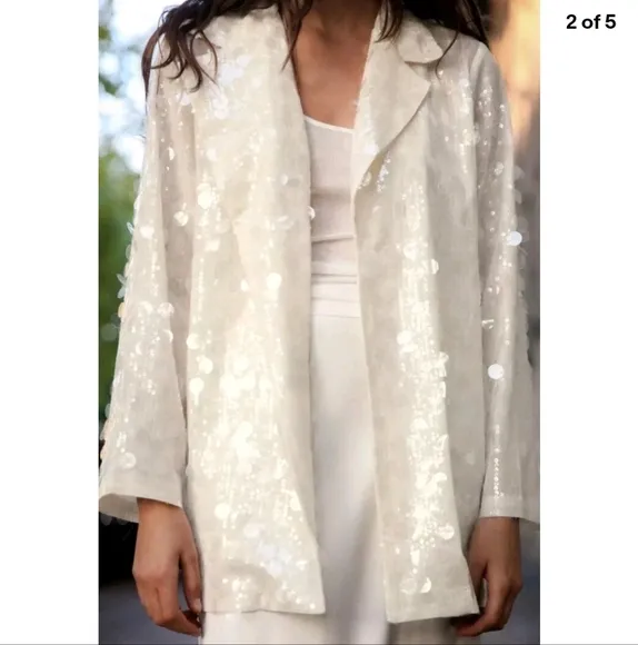 ZARA SEQUIN OPEN FRONT BLAZER Size S Cream