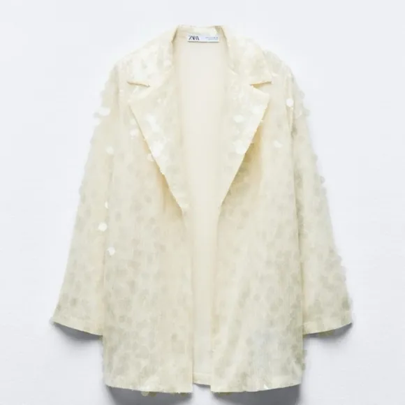 ZARA SEQUIN OPEN FRONT BLAZER Size S Cream