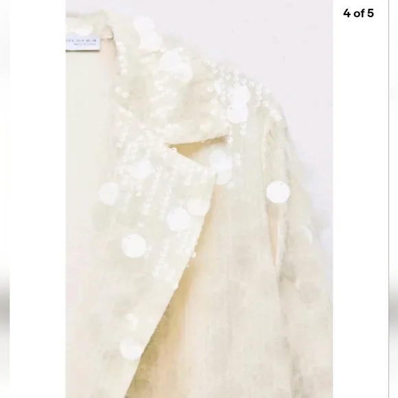 ZARA SEQUIN OPEN FRONT BLAZER Size S Cream