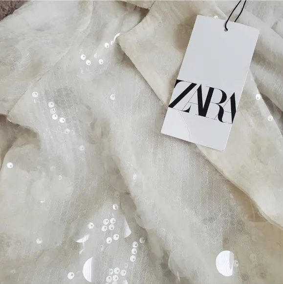ZARA SEQUIN OPEN FRONT BLAZER Size S Cream