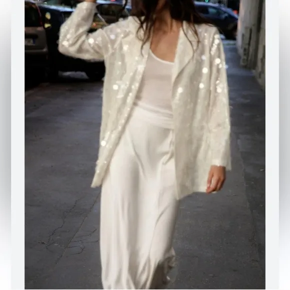 ZARA SEQUIN OPEN FRONT BLAZER Size S Cream