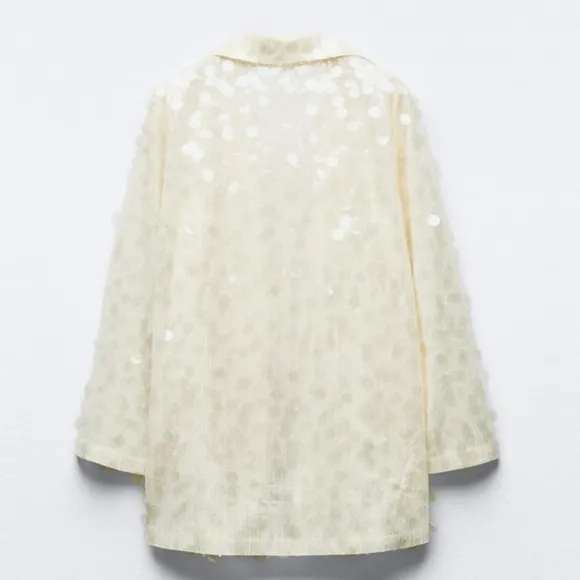 ZARA SEQUIN OPEN FRONT BLAZER Size S Cream