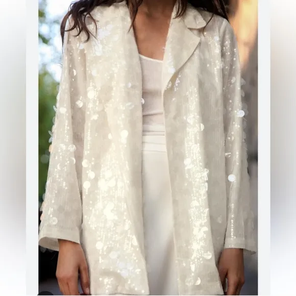ZARA SEQUIN OPEN FRONT BLAZER Size S Cream