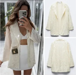 ZARA SEQUIN OPEN FRONT BLAZER Size S Cream