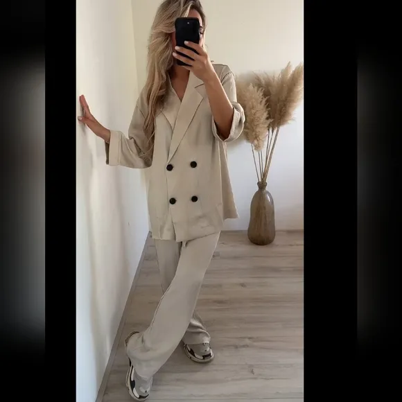 Zara Set Wrinkle Satin Effect Blazer Size L