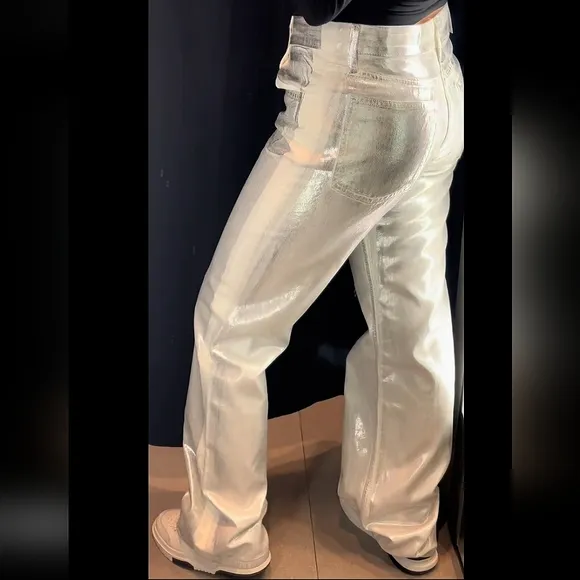 ZARA Silver Metallic Foil Wide Leg Mid Waist Jean