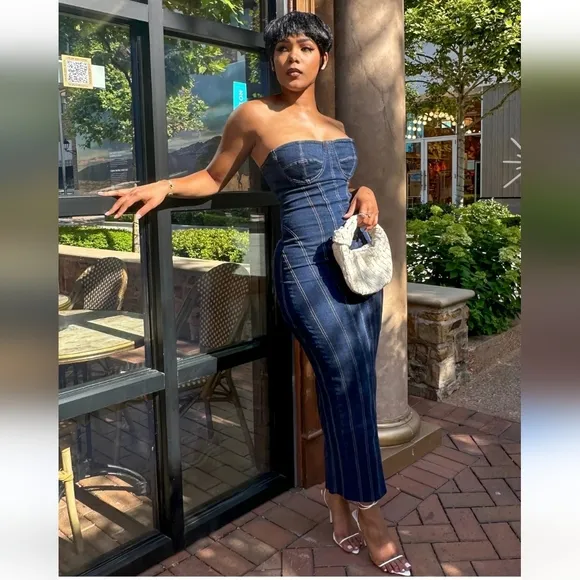 Zara strapless denim midi dress