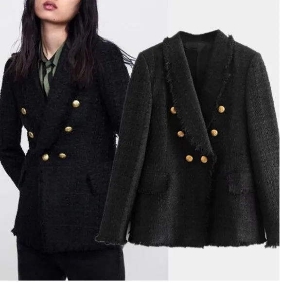 ZARA TEXTURED TWEED BLAZER BLACK GOLD BUTTONS size XS