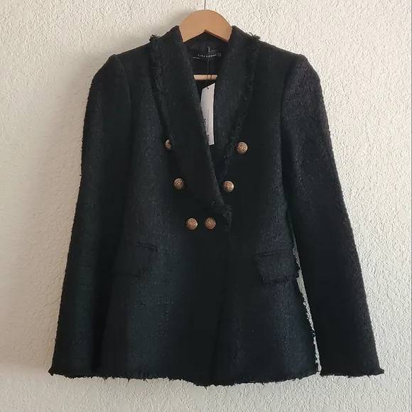 ZARA TEXTURED TWEED BLAZER BLACK GOLD BUTTONS size XS