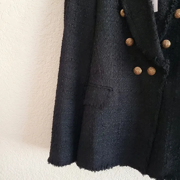ZARA TEXTURED TWEED BLAZER BLACK GOLD BUTTONS size XS