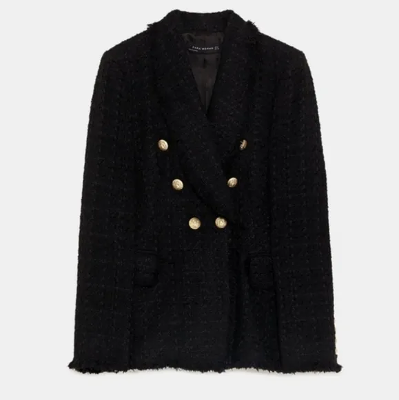 ZARA TEXTURED TWEED BLAZER BLACK GOLD BUTTONS size XS
