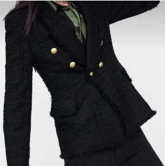 ZARA TEXTURED TWEED BLAZER BLACK GOLD BUTTONS size XS