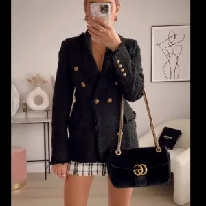 ZARA TEXTURED TWEED BLAZER BLACK GOLD BUTTONS size XS