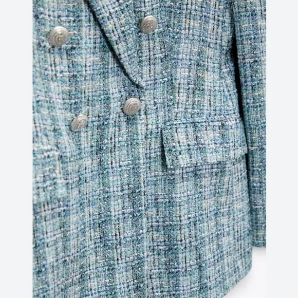 Zara textured tweed double breasted blazer blue size XS