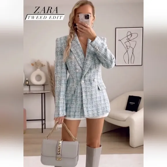 Zara textured tweed double breasted blazer blue size XS