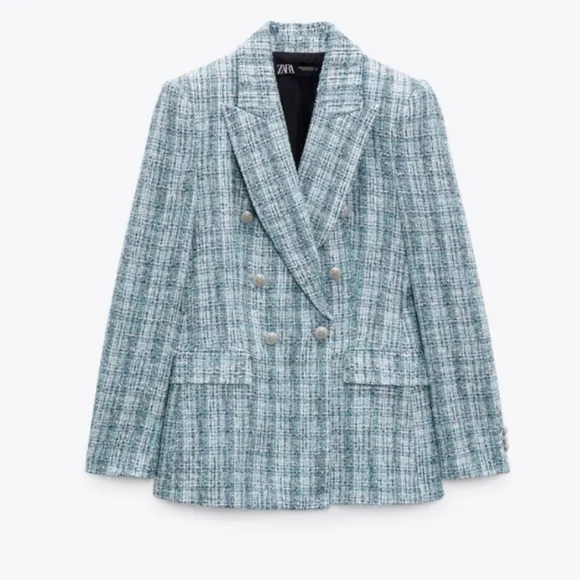 Zara textured tweed double breasted blazer blue size XS