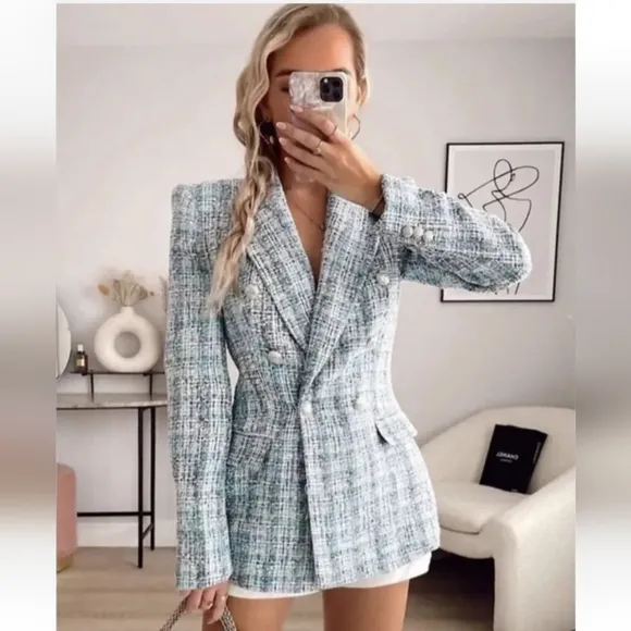 Zara textured tweed double breasted blazer blue size XS