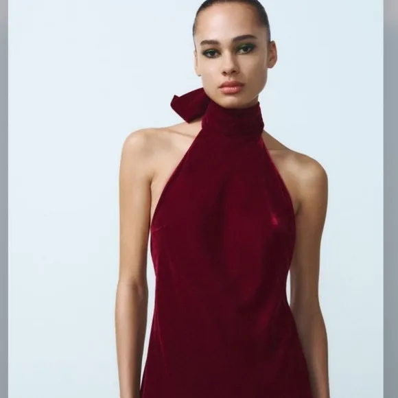 ZARA VELVET LONG HALTER DRESS SIZE M
