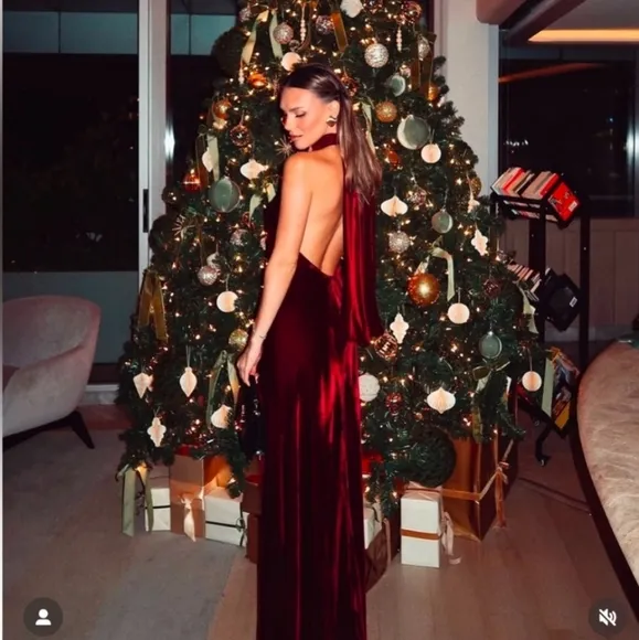 ZARA VELVET LONG HALTER DRESS SIZE M