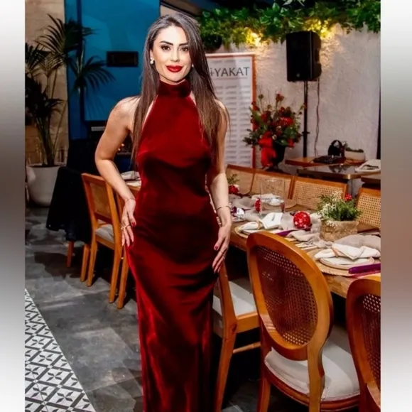 ZARA VELVET LONG HALTER DRESS SIZE M