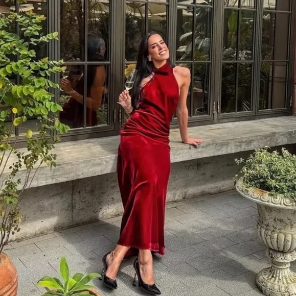 ZARA VELVET LONG HALTER DRESS SIZE M