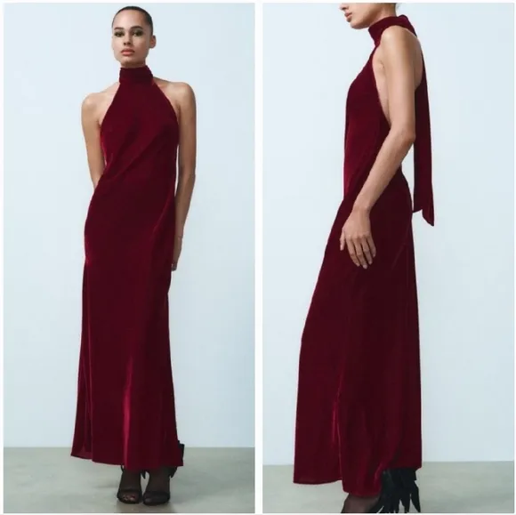 ZARA VELVET LONG HALTER DRESS SIZE M