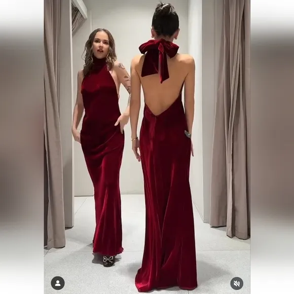 ZARA VELVET LONG HALTER DRESS SIZE M