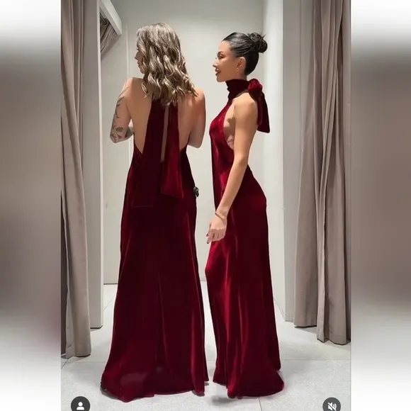ZARA VELVET LONG HALTER DRESS SIZE M