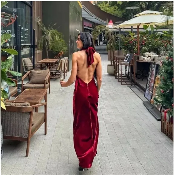ZARA VELVET LONG HALTER DRESS SIZE M