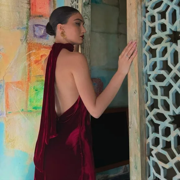 ZARA VELVET LONG HALTER DRESS SIZE M