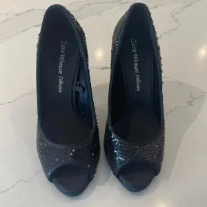 Zara women size 36 black and silver sequin heels open toe shoes fashion fancy